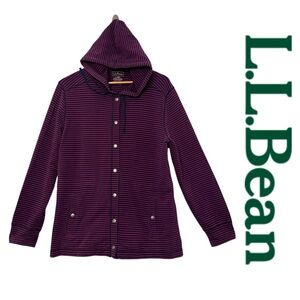 L.L. Bean Women Ultrasoft Sweats Hoodie Snap Pockets Cinch Waist Stripe Coat L P